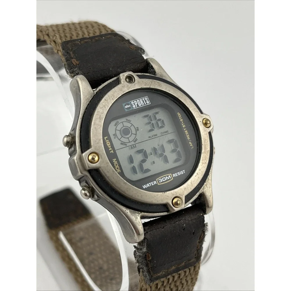 Vintage ABC Sports Watch Women 33mm Case Brown Nylon Band-‎ New Battery